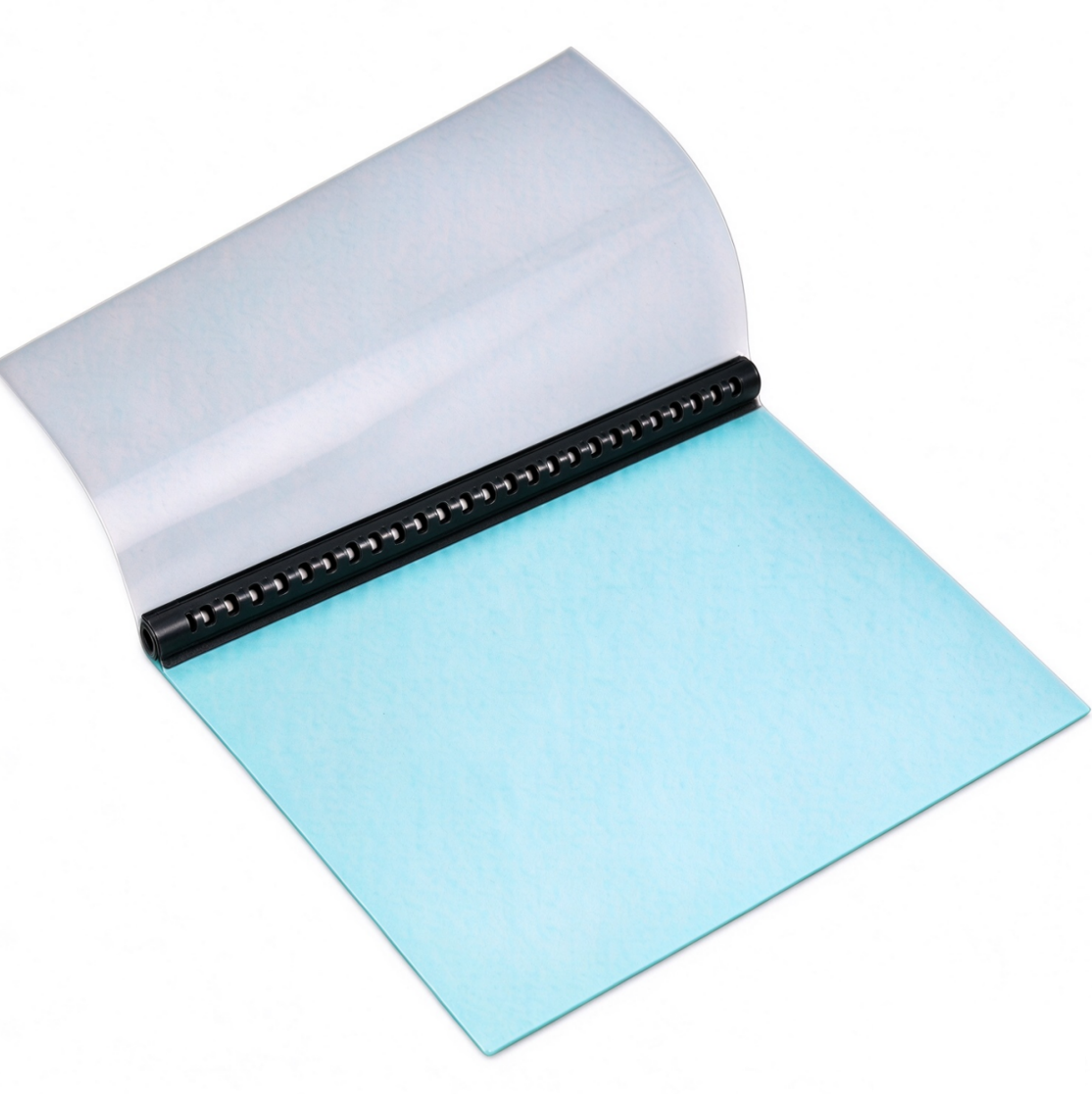 Open comb cover showing pale blue cover sheet and black spine