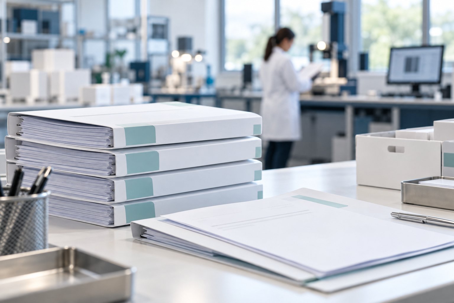 Compliance documents and material records on a laboratory workbench.
